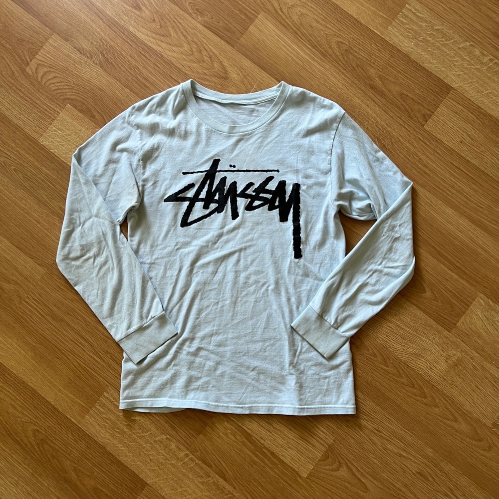 Stussy Script Logo Long Sleeve T-Shirt Small Baby Blue Streetwear Tee Vintage
